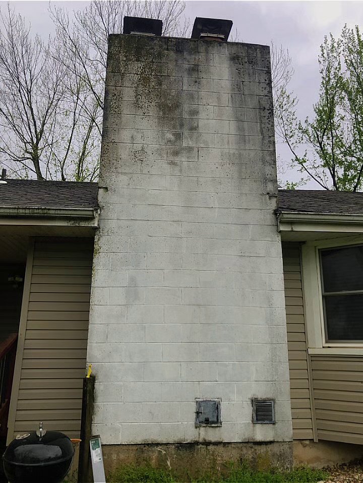 Chimney with heavy algae and mildew staining before cleaning